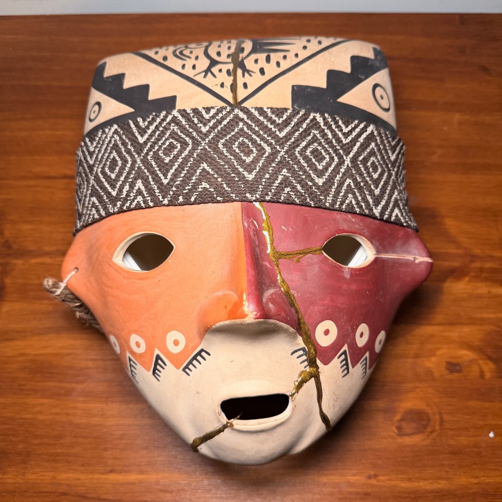 Peruvian Ceramic Mask Tribal Southwest Art Kintsugi Repair Terracotta Geometric